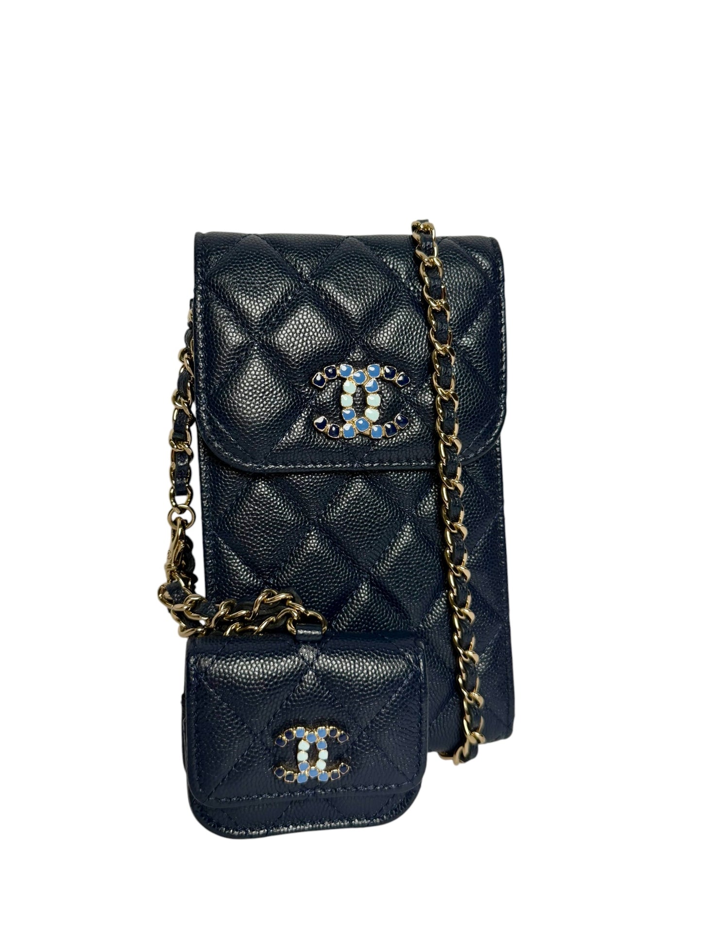 Chanel Navy Caviar Phone Holder Crossbody With Airpod Case