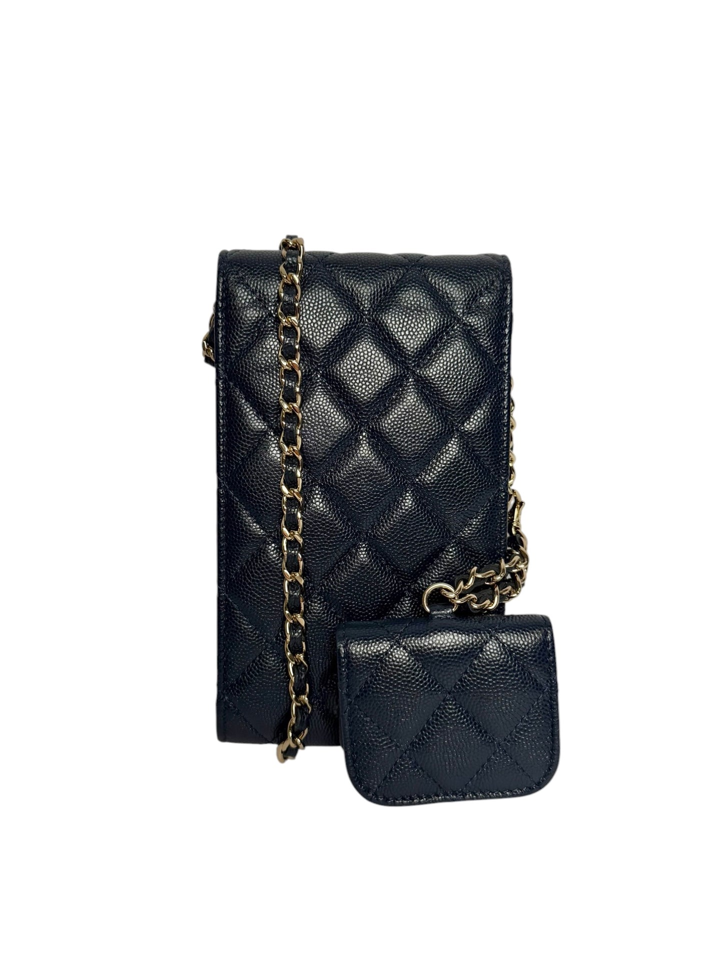 Chanel Navy Caviar Phone Holder Crossbody With Airpod Case