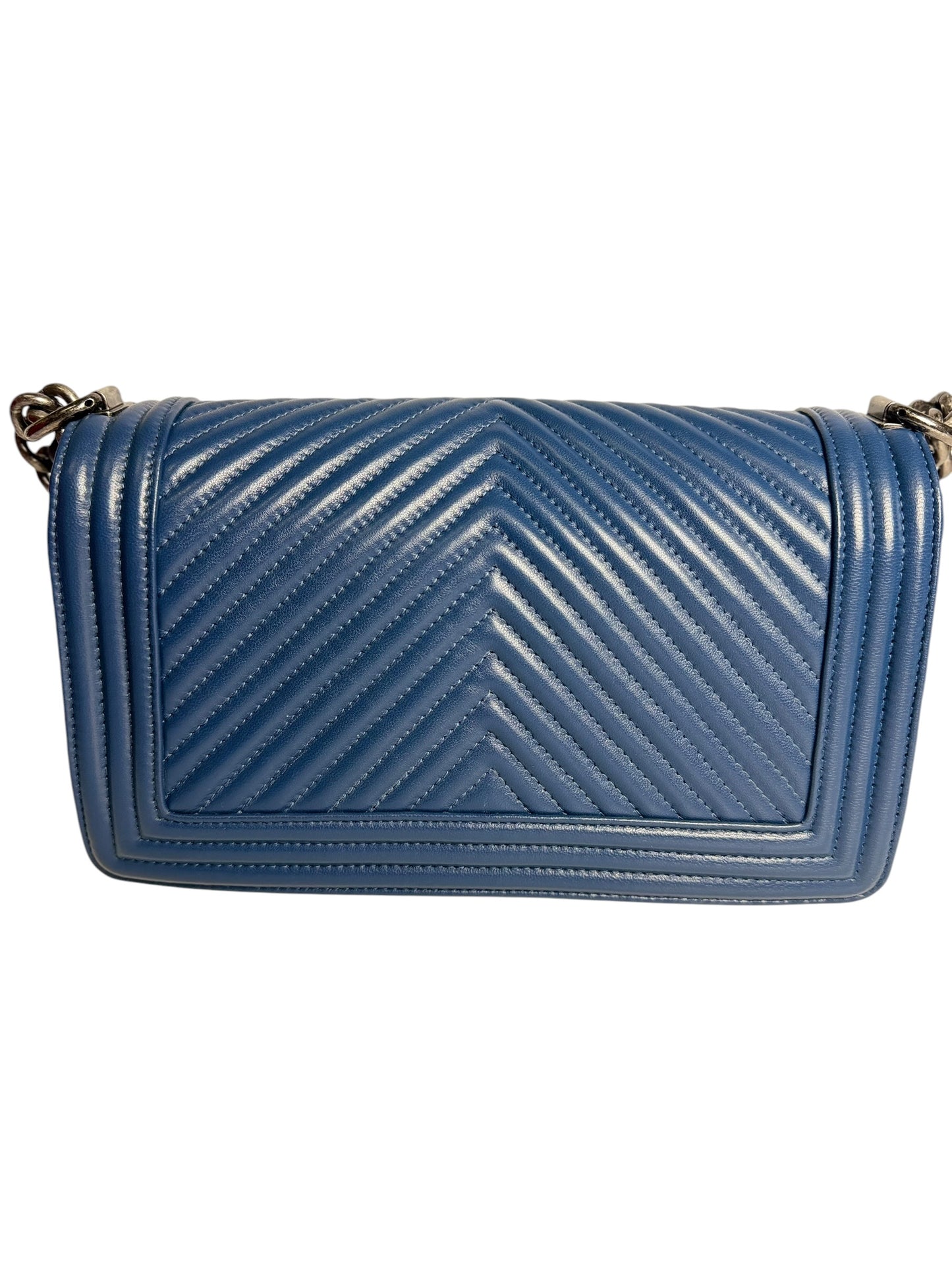 Chanel Boy Bag Chevron Quilted Medium Blue T7678
