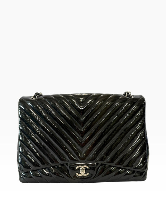 Chanel Patent Maxi Black Chevron Single Flap