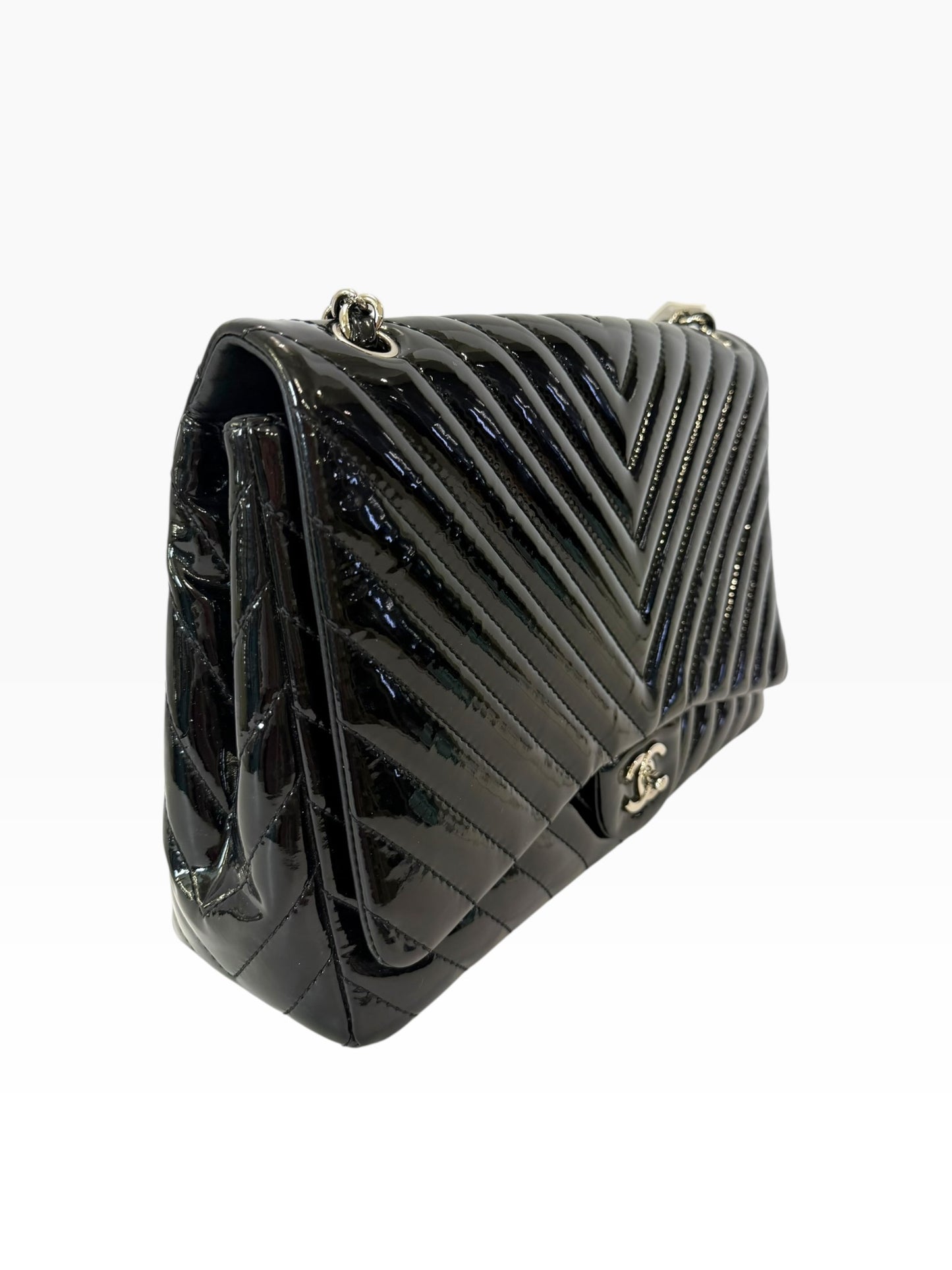 Chanel Patent Maxi Black Chevron Single Flap