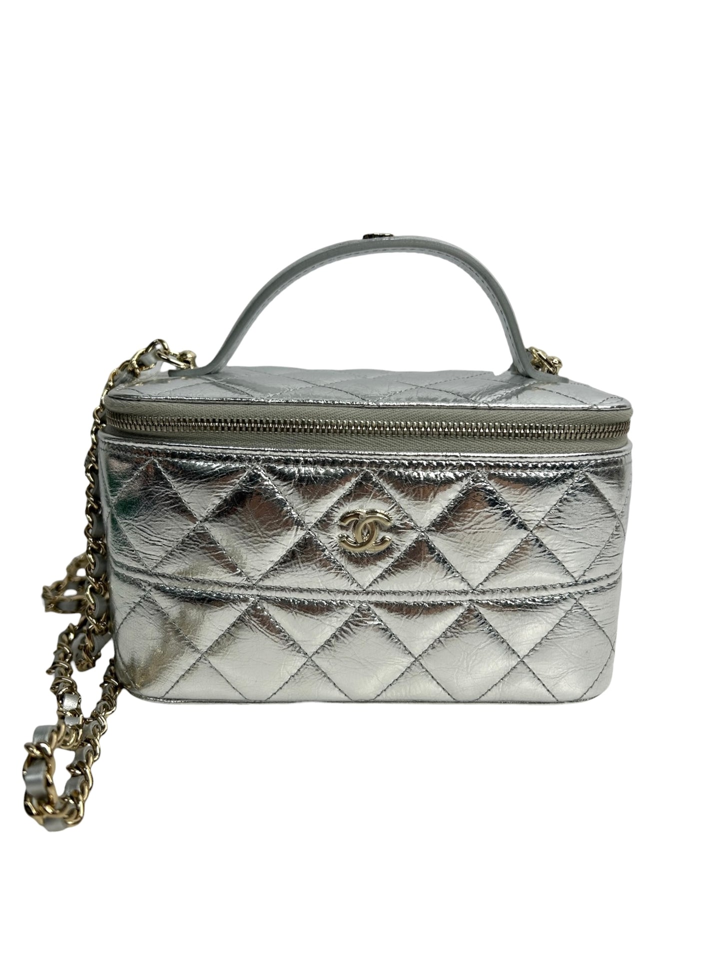 Chanel Metallic Silver Top Handle Vanity Crossbody T8708