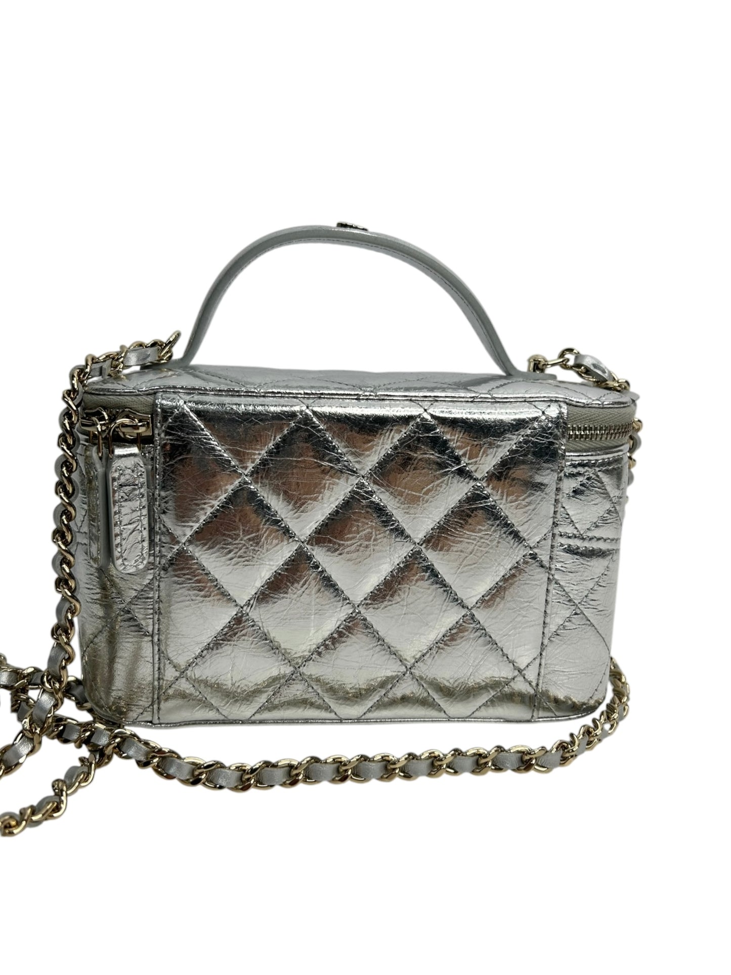 Chanel Metallic Silver Top Handle Vanity Crossbody T8708