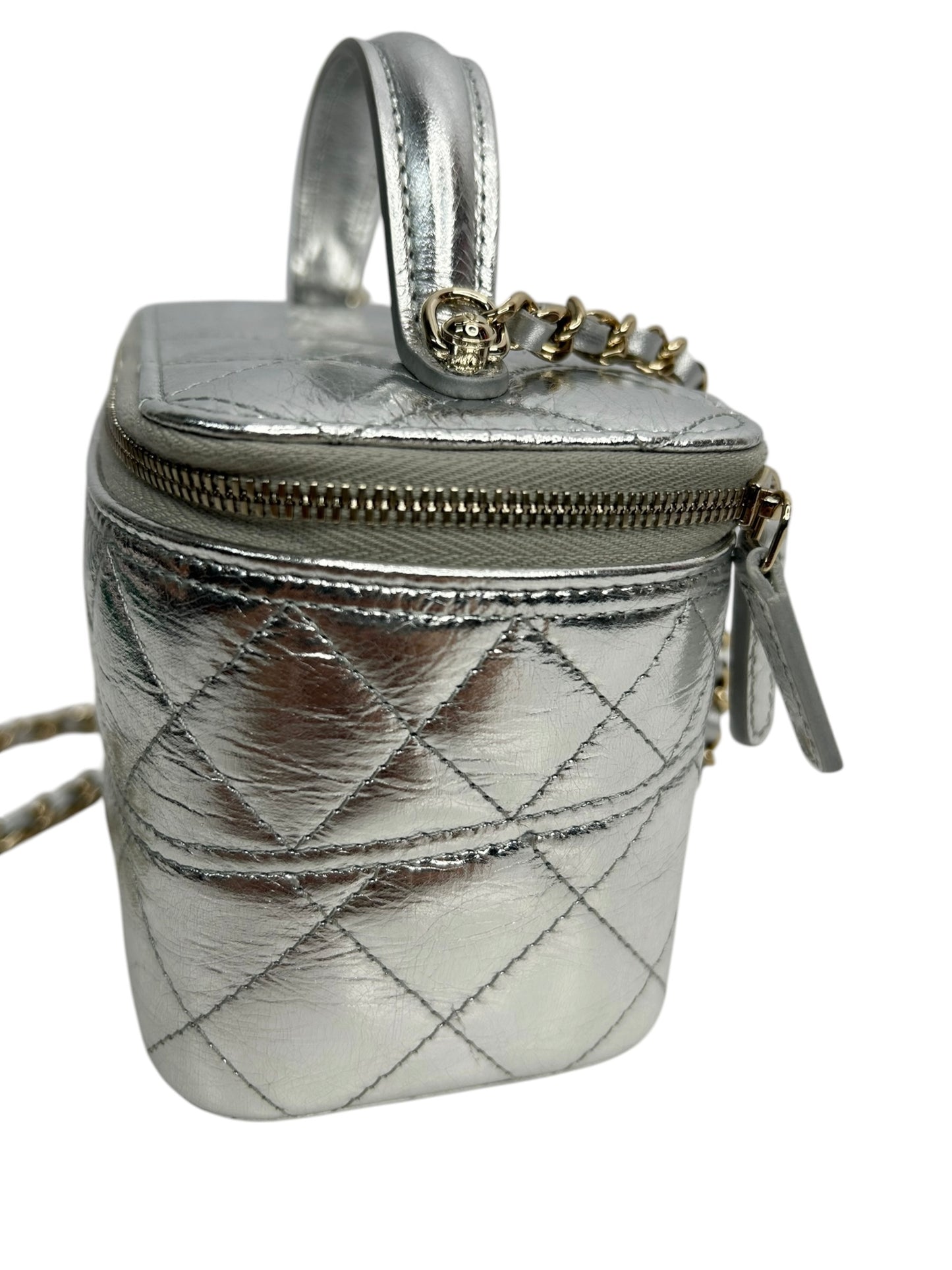 Chanel Metallic Silver Top Handle Vanity Crossbody T8708