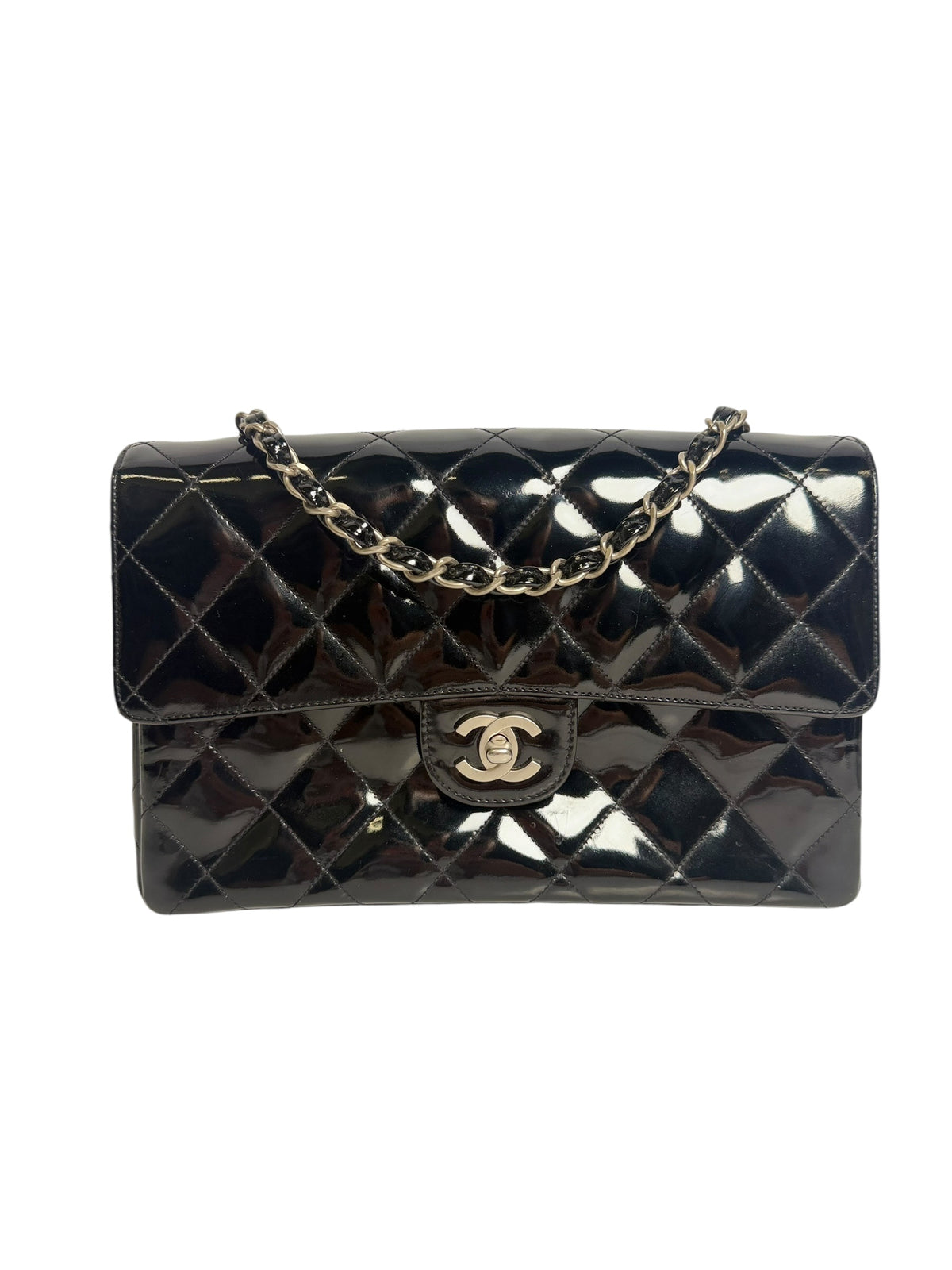 Chanel Medium Square Patent Black Classic Single Flap T6272