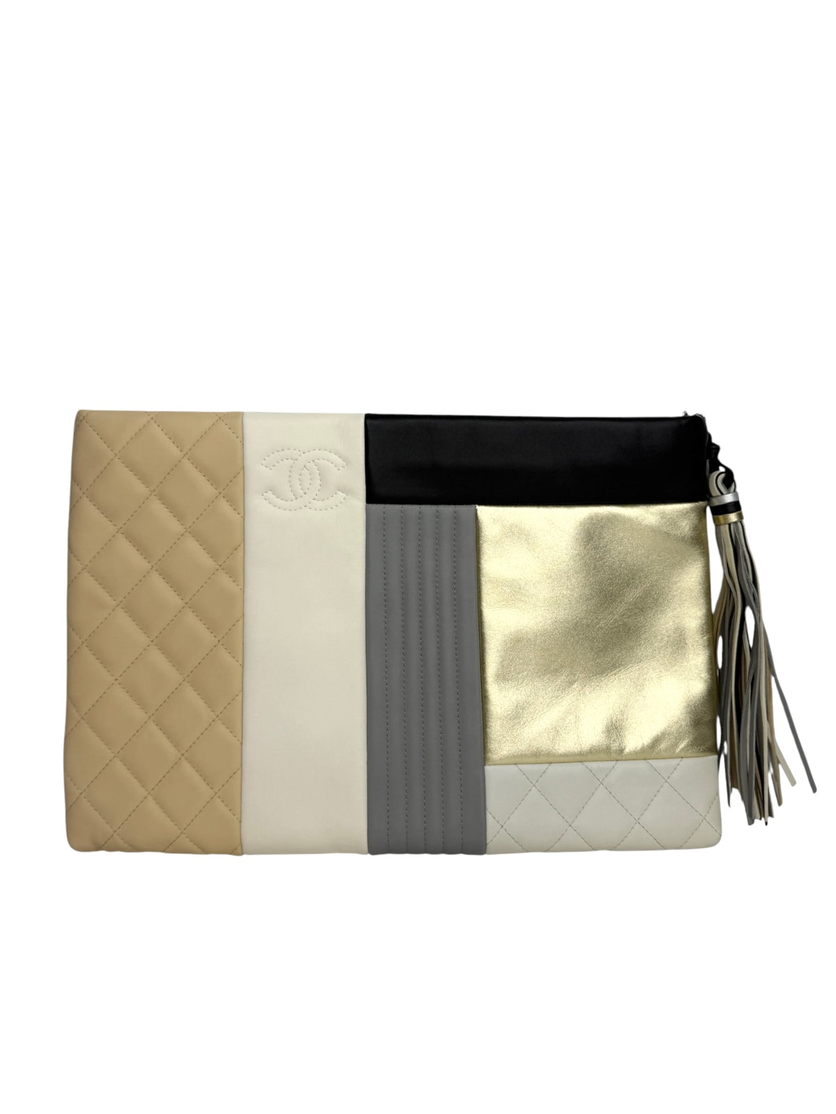 Chanel  Large Quilted Lambskin Colorblock Patchwork O Case Clutch T9187