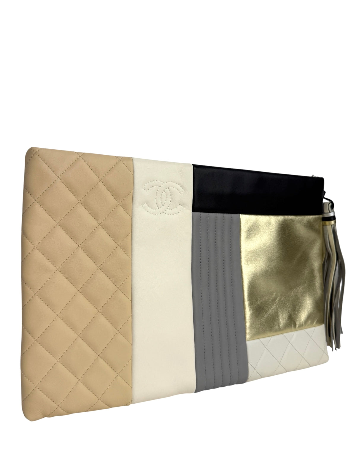 Chanel  Large Quilted Lambskin Colorblock Patchwork O Case Clutch T9187