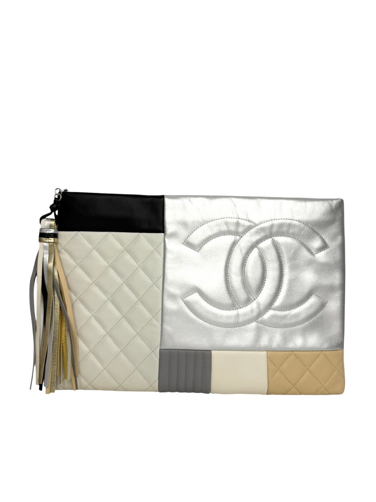 Chanel  Large Quilted Lambskin Colorblock Patchwork O Case Clutch T9187