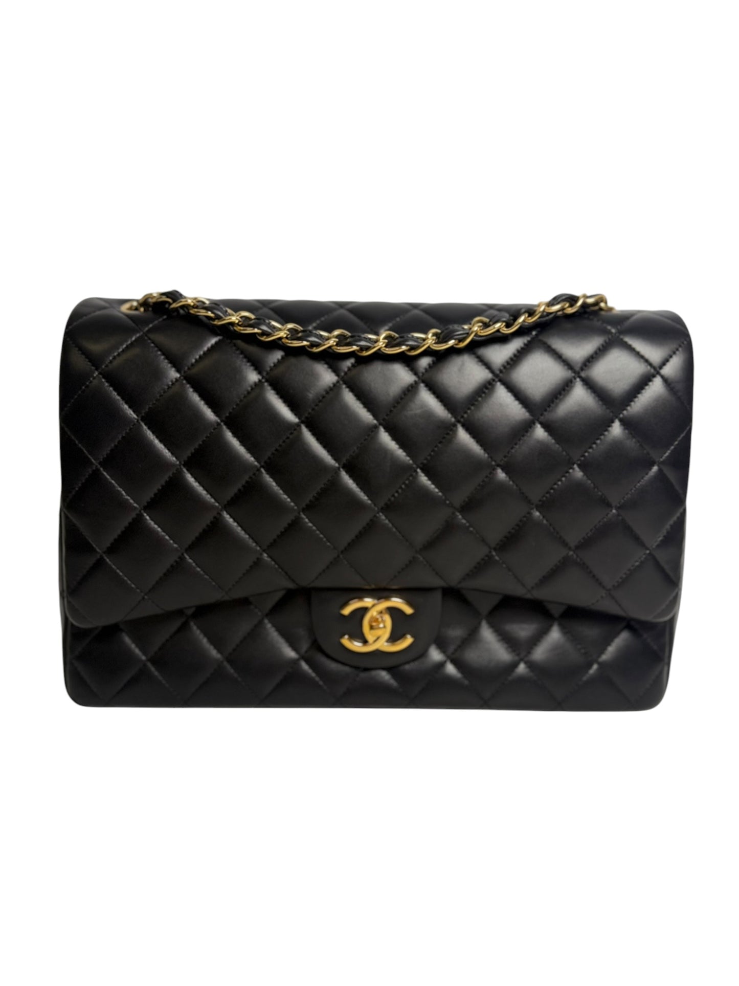 Chanel Double Flap Maxi Quilted Lambskin Black Gold T1026 *Whatnot title?