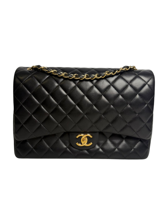 Chanel Double Flap Maxi Quilted Lambskin Black Gold T1026