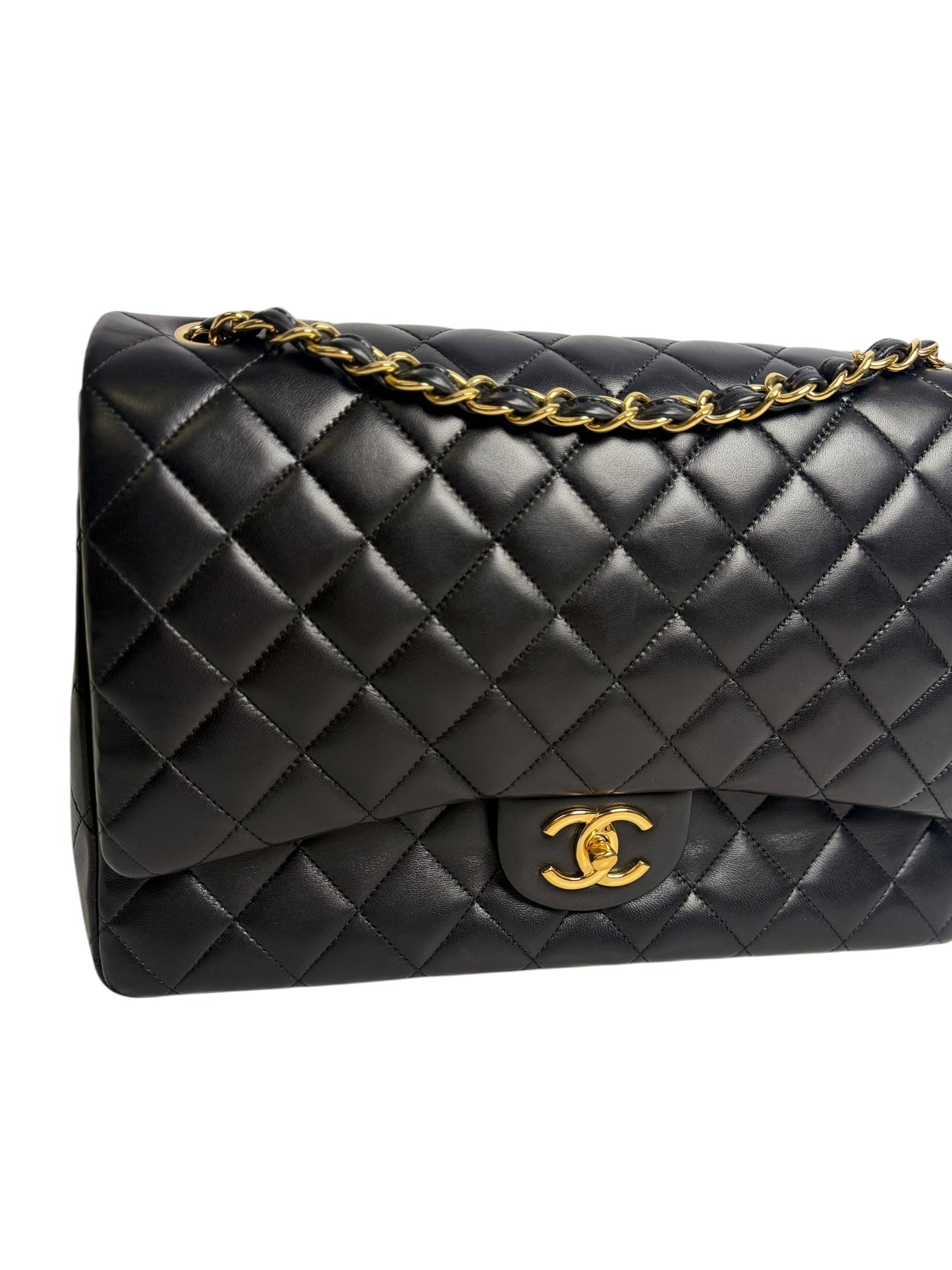 Chanel Double Flap Maxi Quilted Lambskin Black Gold T1026 *Whatnot title?