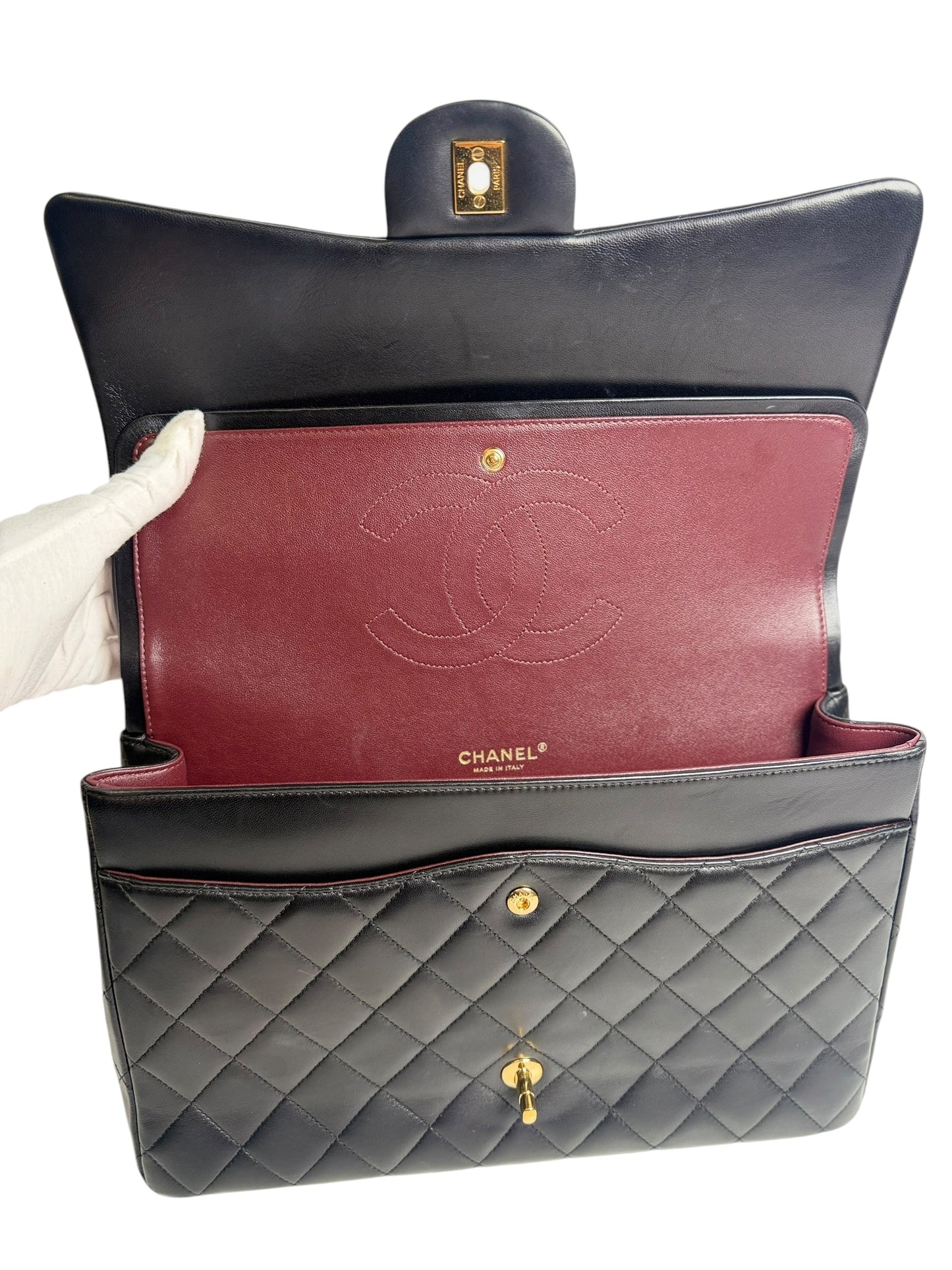 Chanel Double Flap Maxi Quilted Lambskin Black Gold T1026 *Whatnot title?