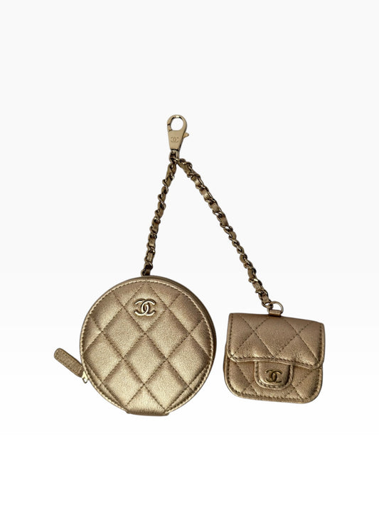 Chanel Gold Caviar Airpod Case Keychain