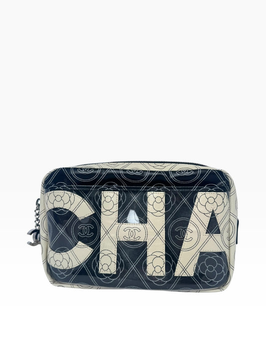 Chanel Coated Canvas Runway Camelia Flower Black/White Camera Bag Clutch