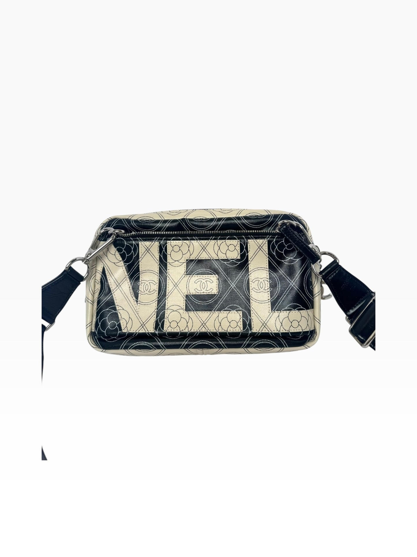 Chanel Coated Canvas Runway Camelia Flower Black/White Camera Bag Clutch
