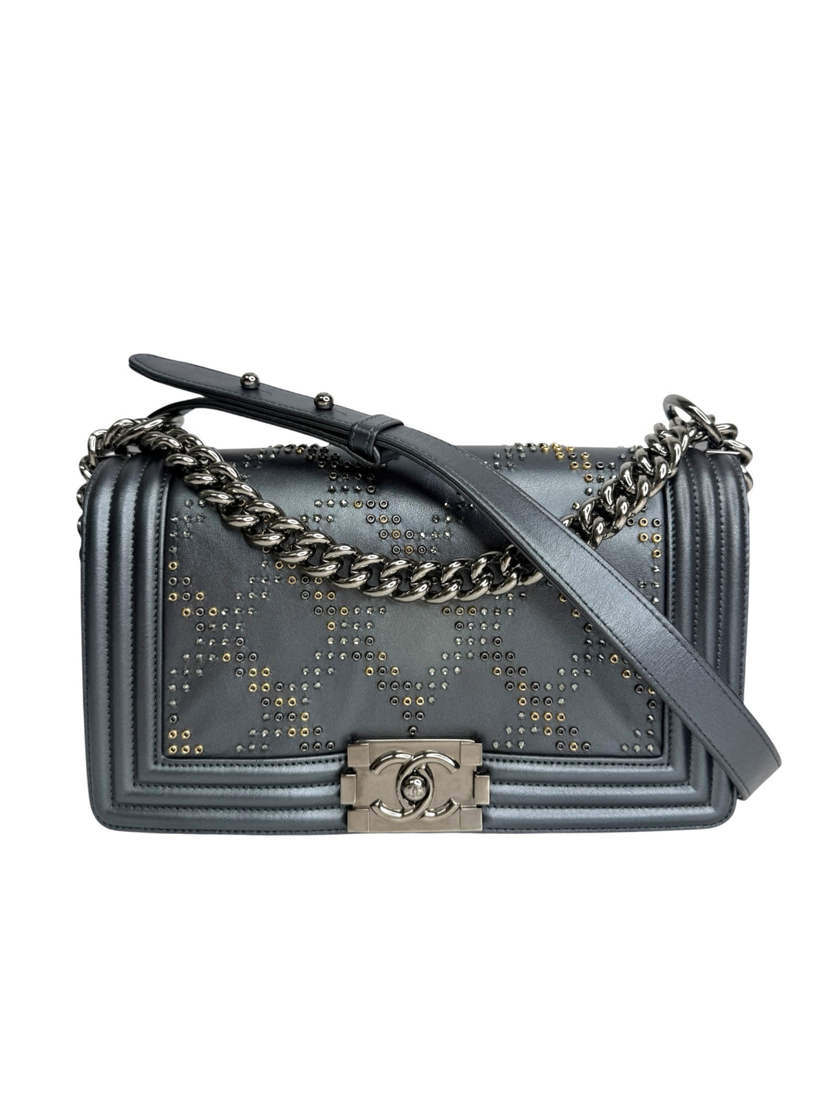 Chanel Metallic Embellished Medium Boy Grey Blue T9191
