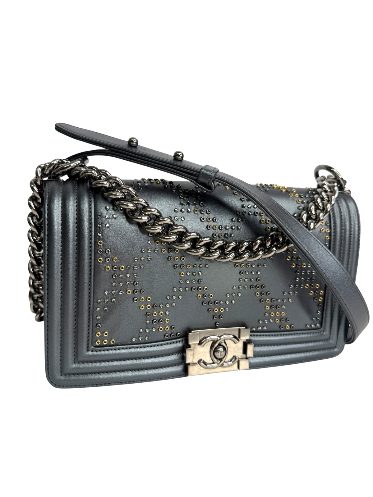 Chanel Metallic Embellished Medium Boy Grey Blue T9191