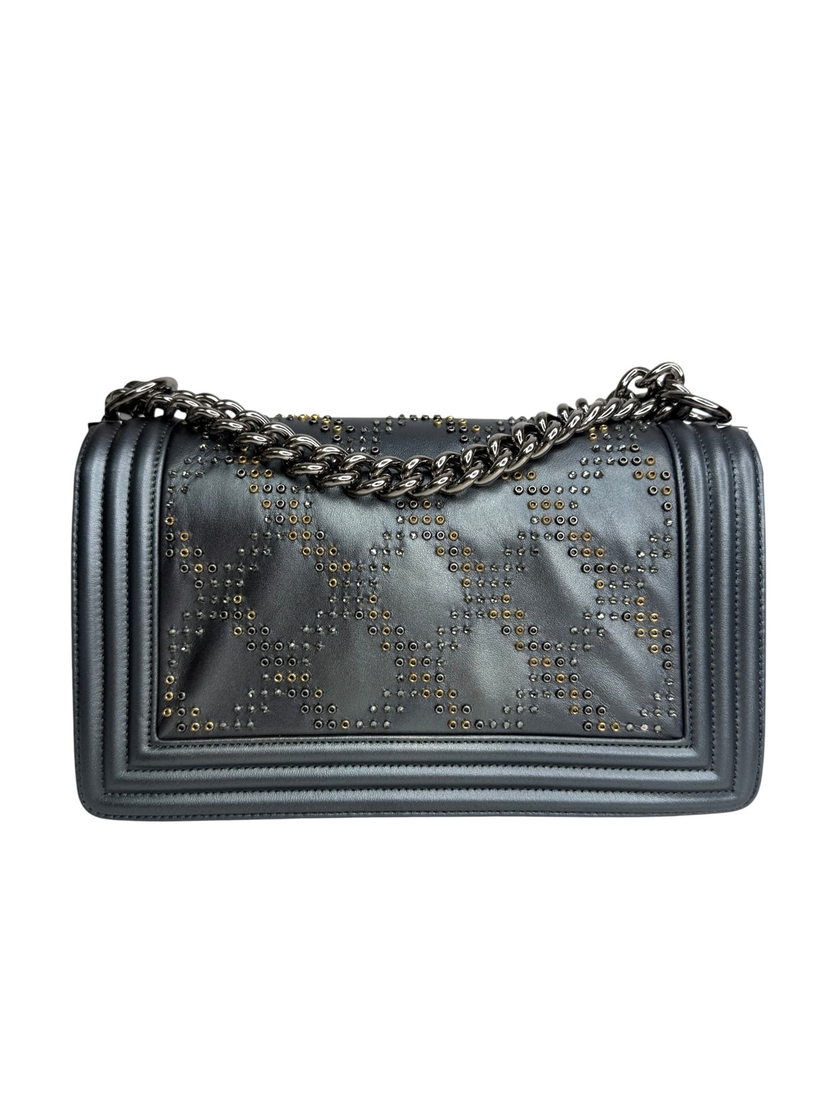 Chanel Metallic Embellished Medium Boy Grey Blue T9191