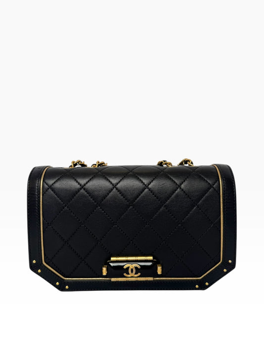 Chanel Black Gold Trim Resin Bar Flap GHW Studded