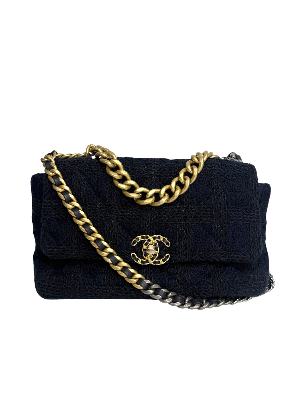 Chanel Black And Navy Tweed Large 19 Flap T9215
