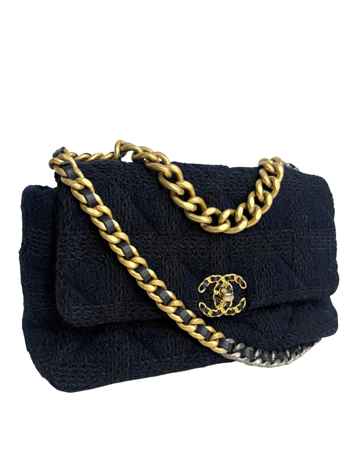Chanel Black And Navy Tweed Large 19 Flap T9215