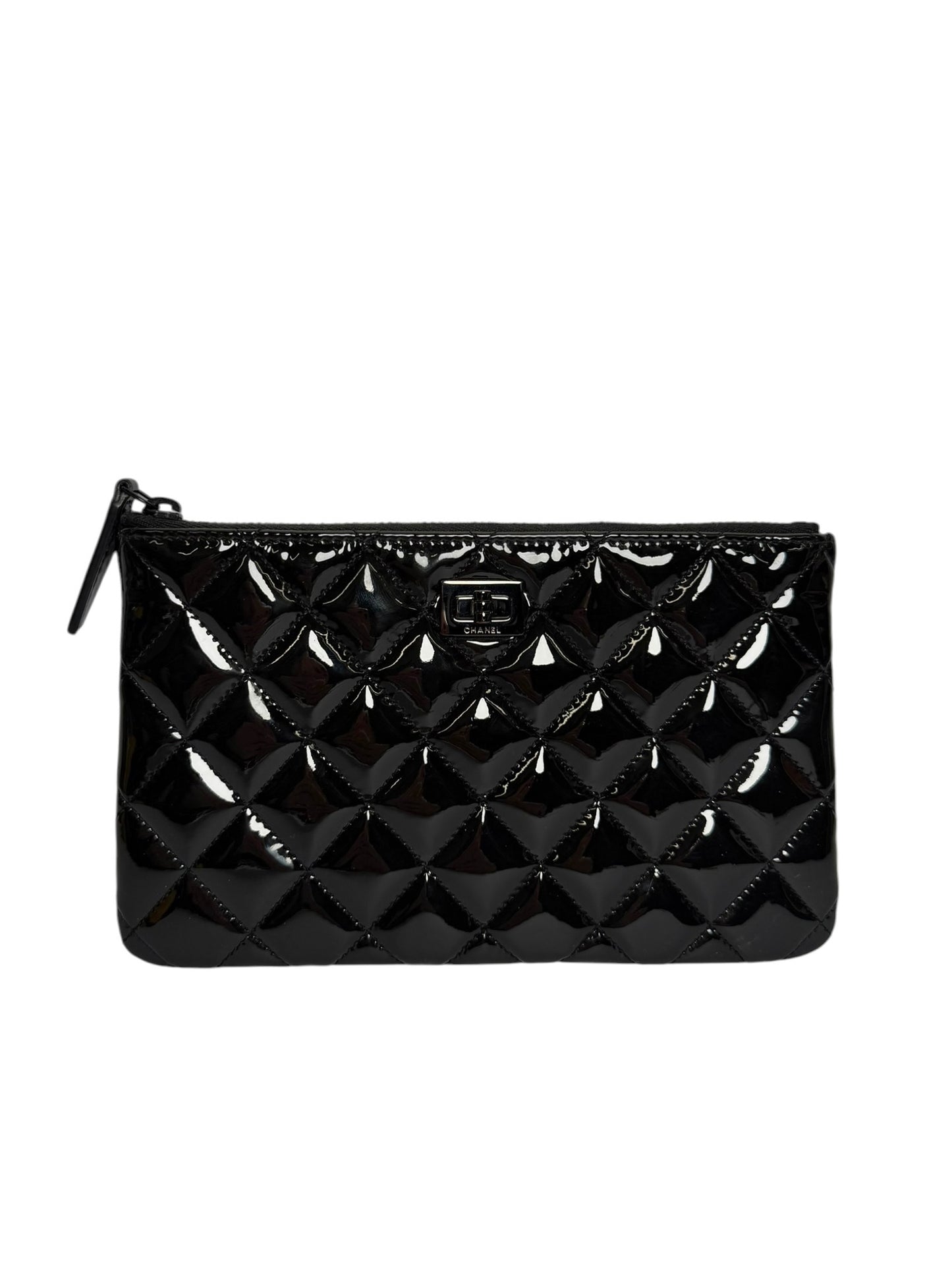 Chanel Quilted Black Patent Leather Reissue Zip Pouch So Black