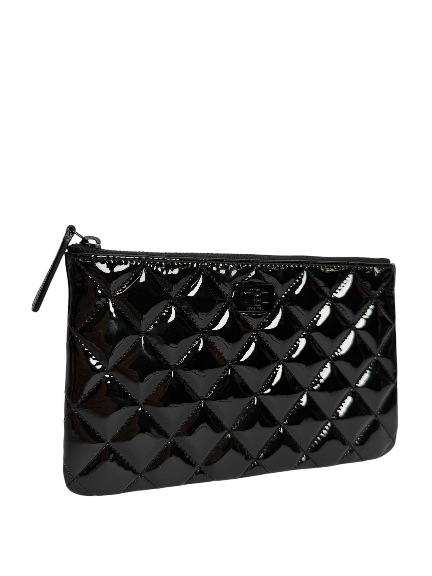 Chanel Quilted Black Patent Leather Reissue Zip Pouch So Black