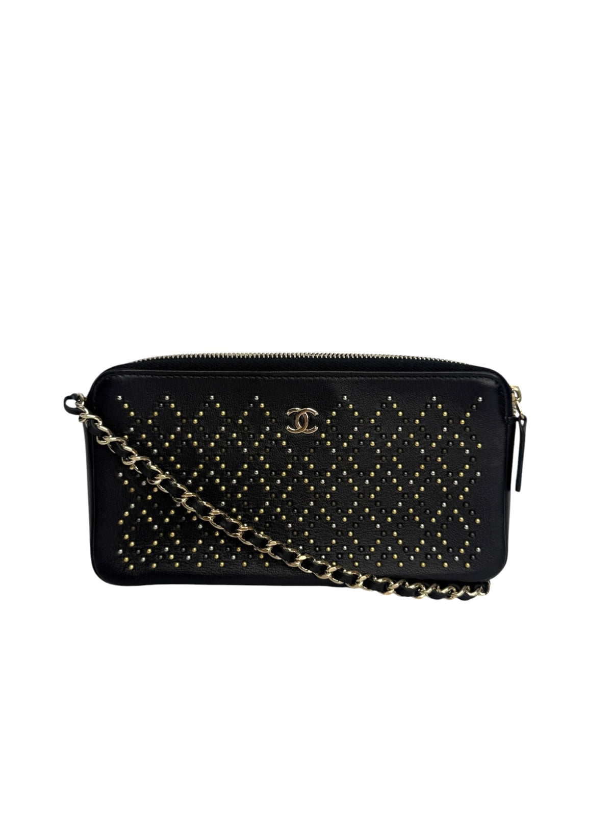 Chanel Studded Black Double Zip Clutch With Chain T9198