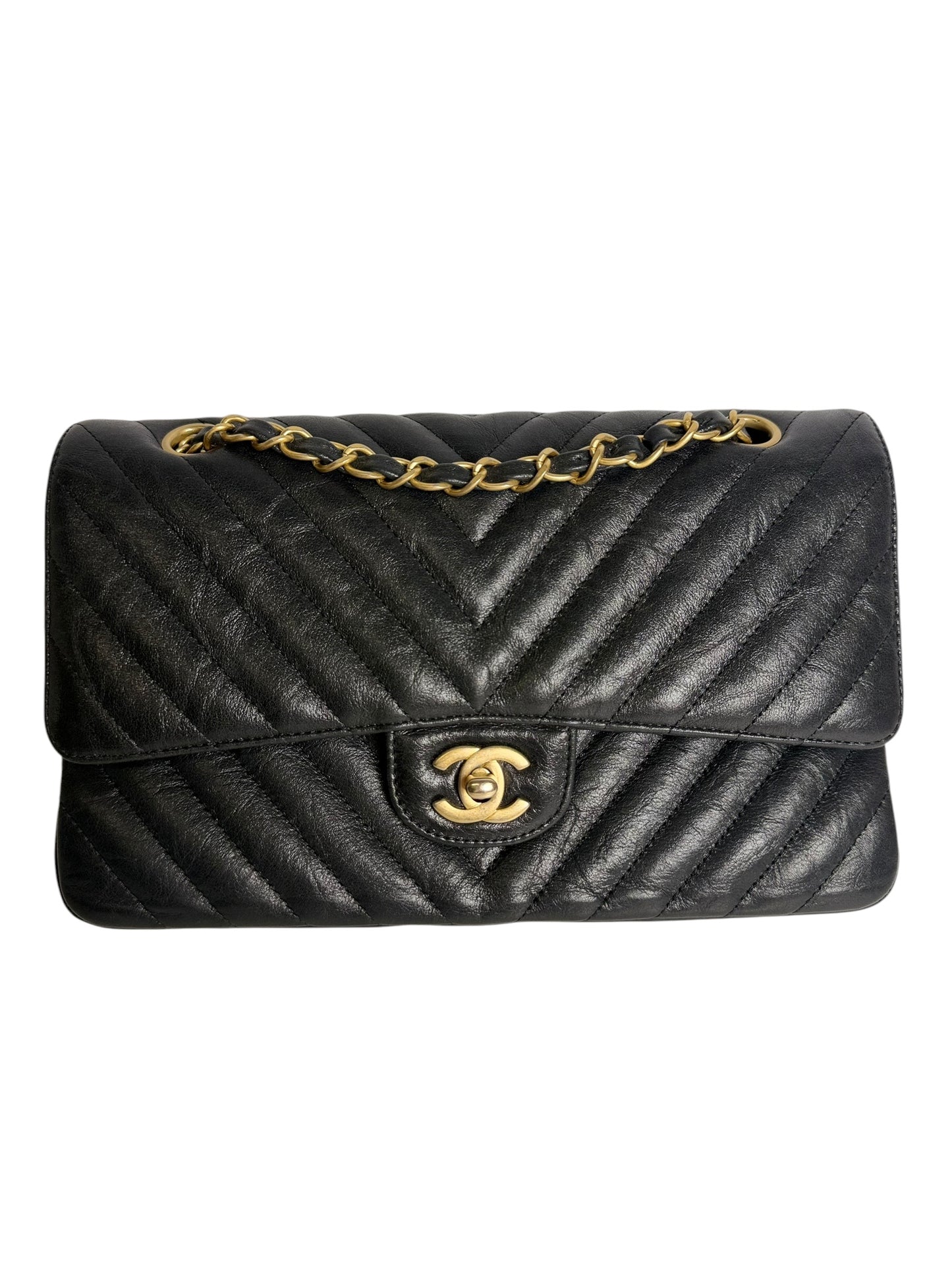 Chanel Metallic Charcoal Crumpled Calfskin Chevron Double Flap Small T7684