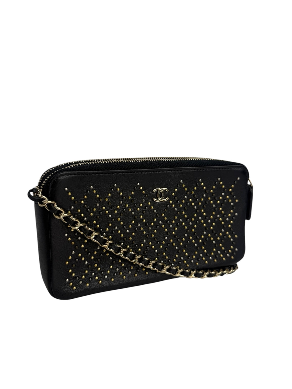 Chanel Studded Black Double Zip Clutch With Chain T9198