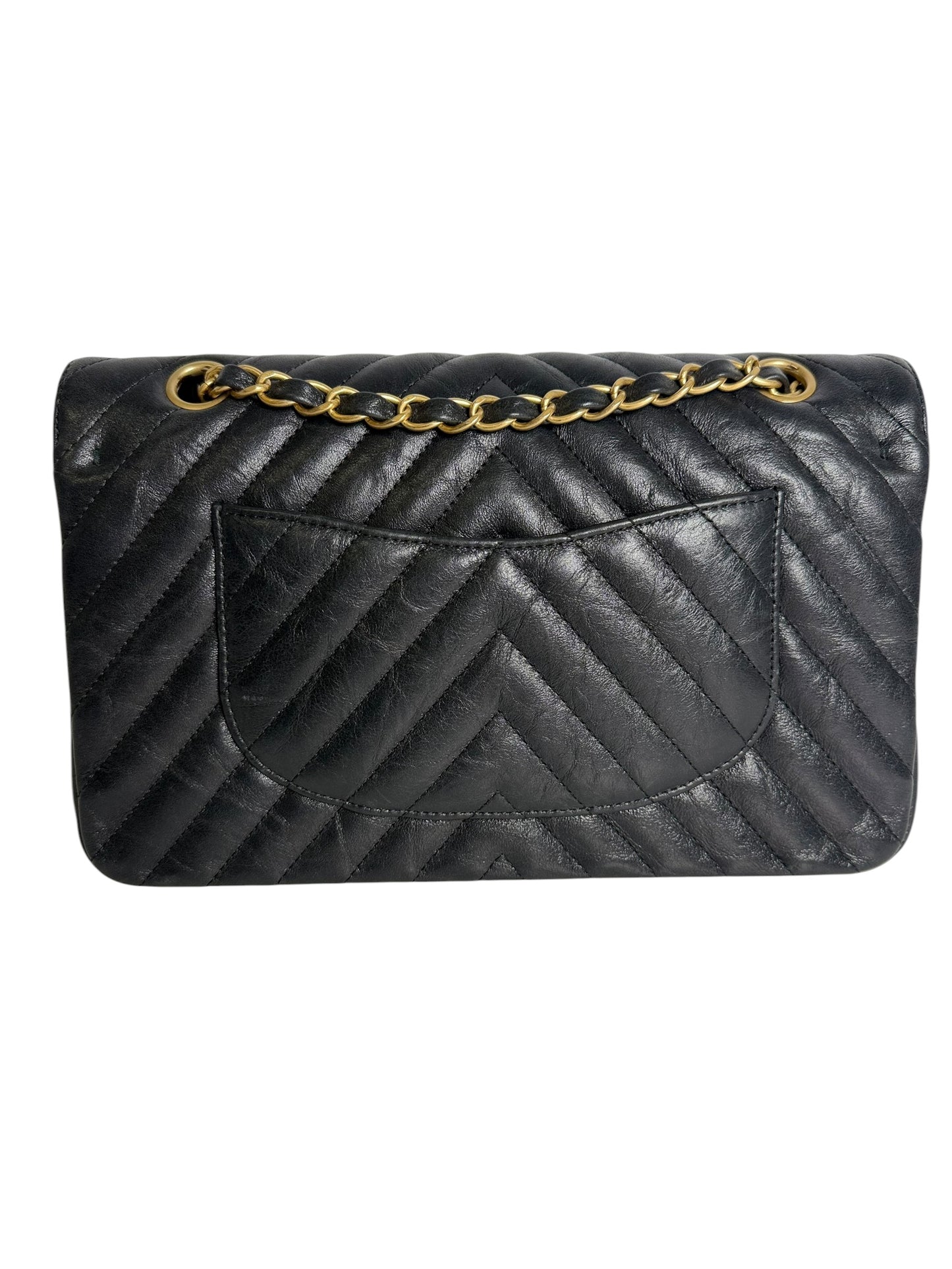 Chanel Metallic Charcoal Crumpled Calfskin Chevron Double Flap Small T7684