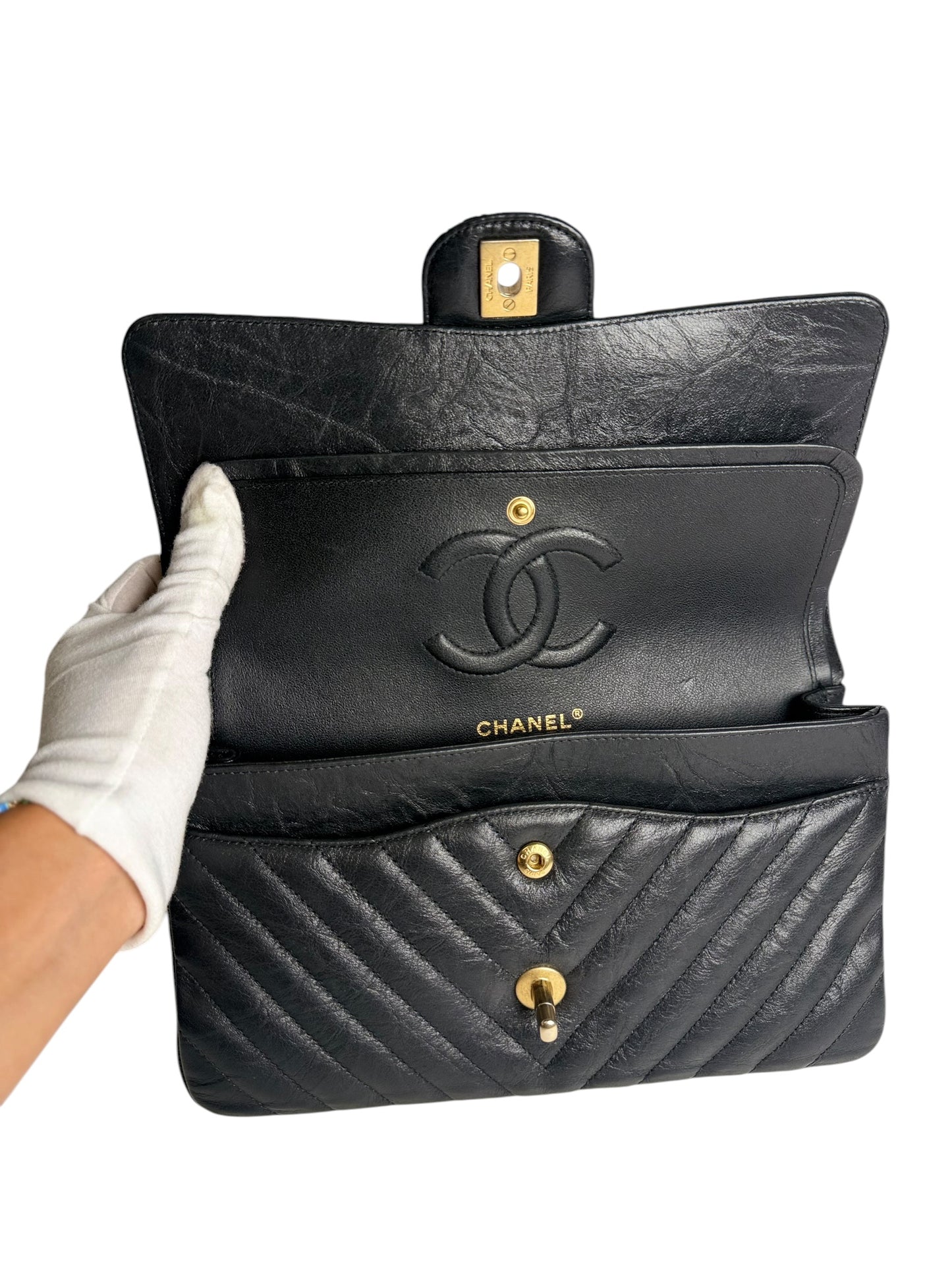 Chanel Metallic Charcoal Crumpled Calfskin Chevron Double Flap Small T7684