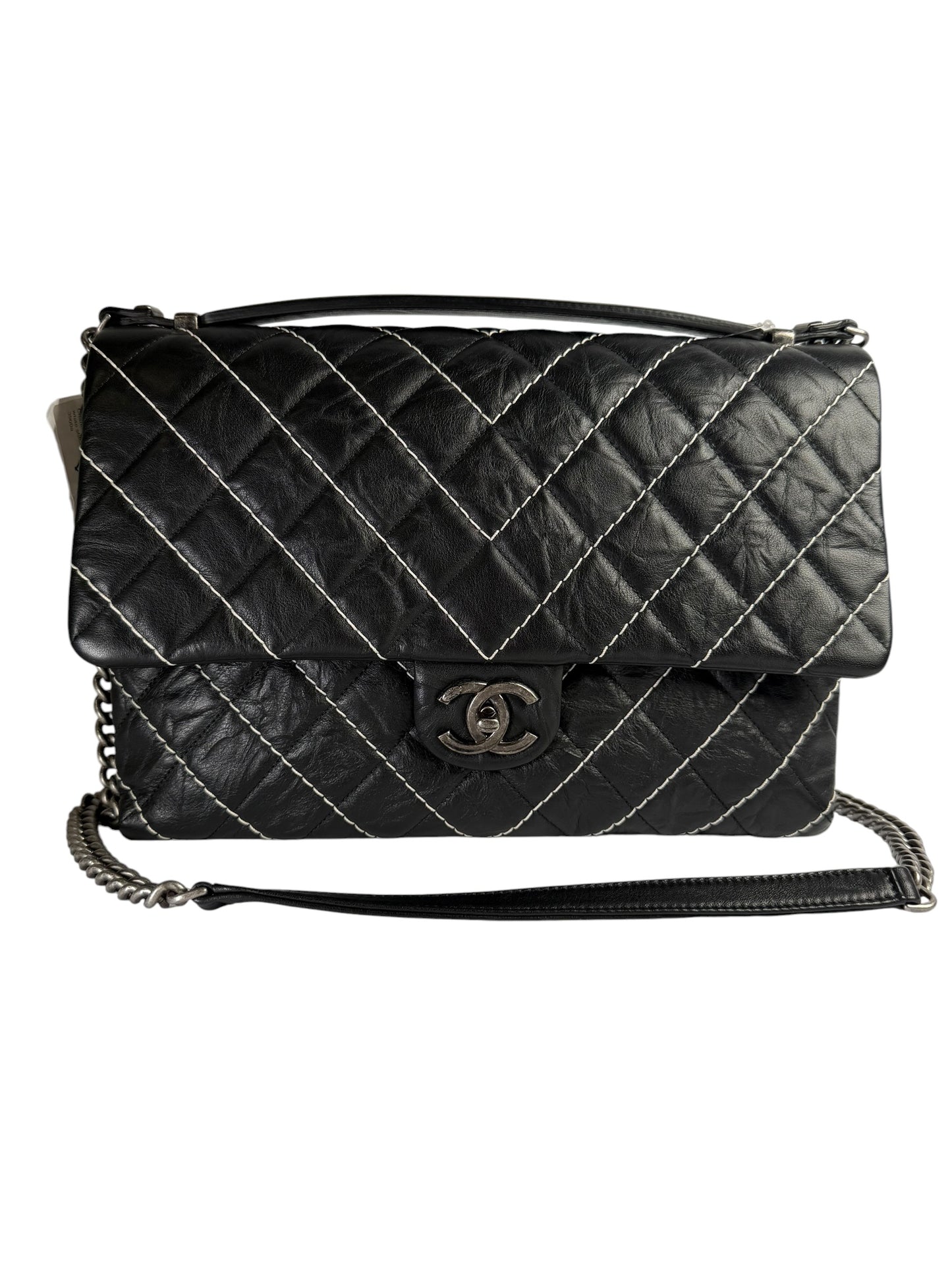 Chanel Chevron Black and White Stitch Top Handle Jumbo T3743
