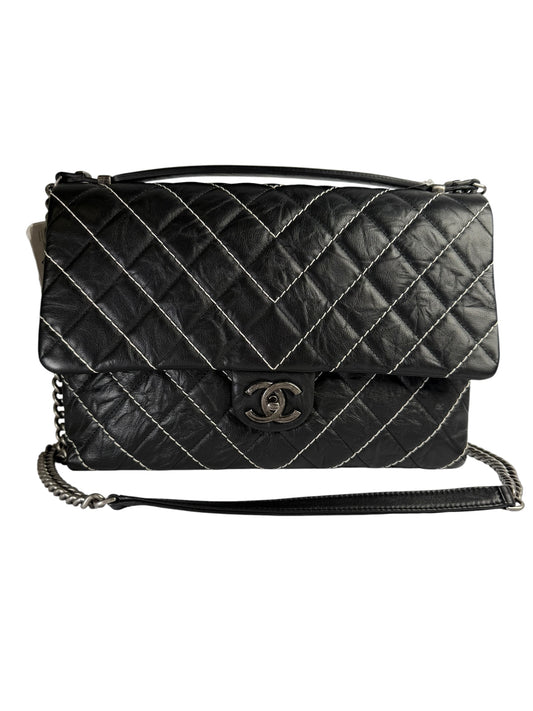 Chanel Chevron Black and White Stitch Top Handle Jumbo T3743