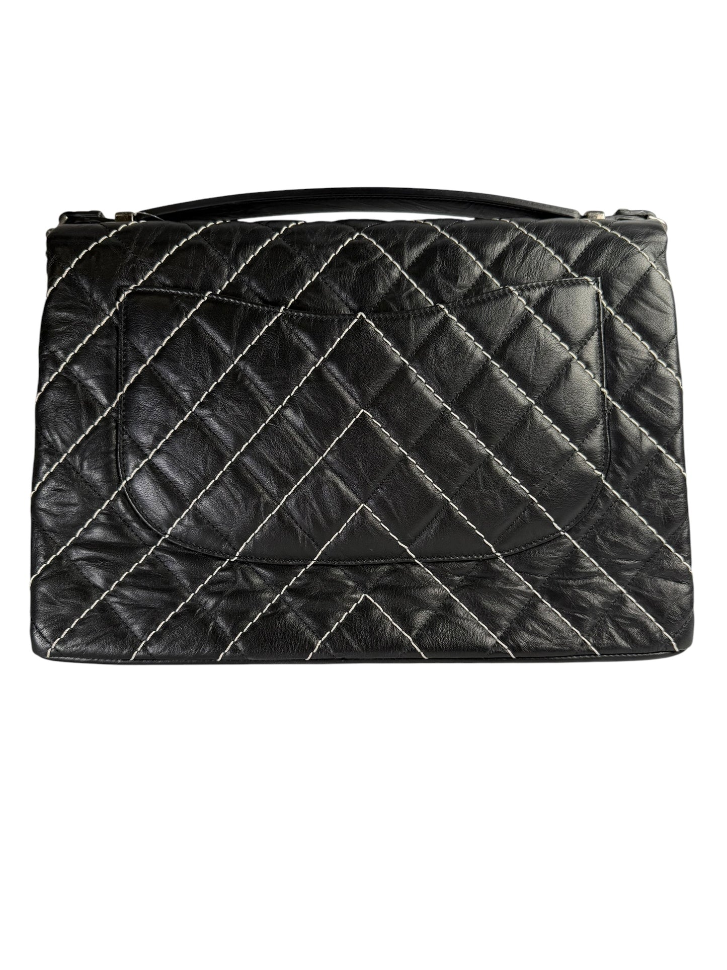 Chanel Chevron Black and White Stitch Top Handle Jumbo T3743