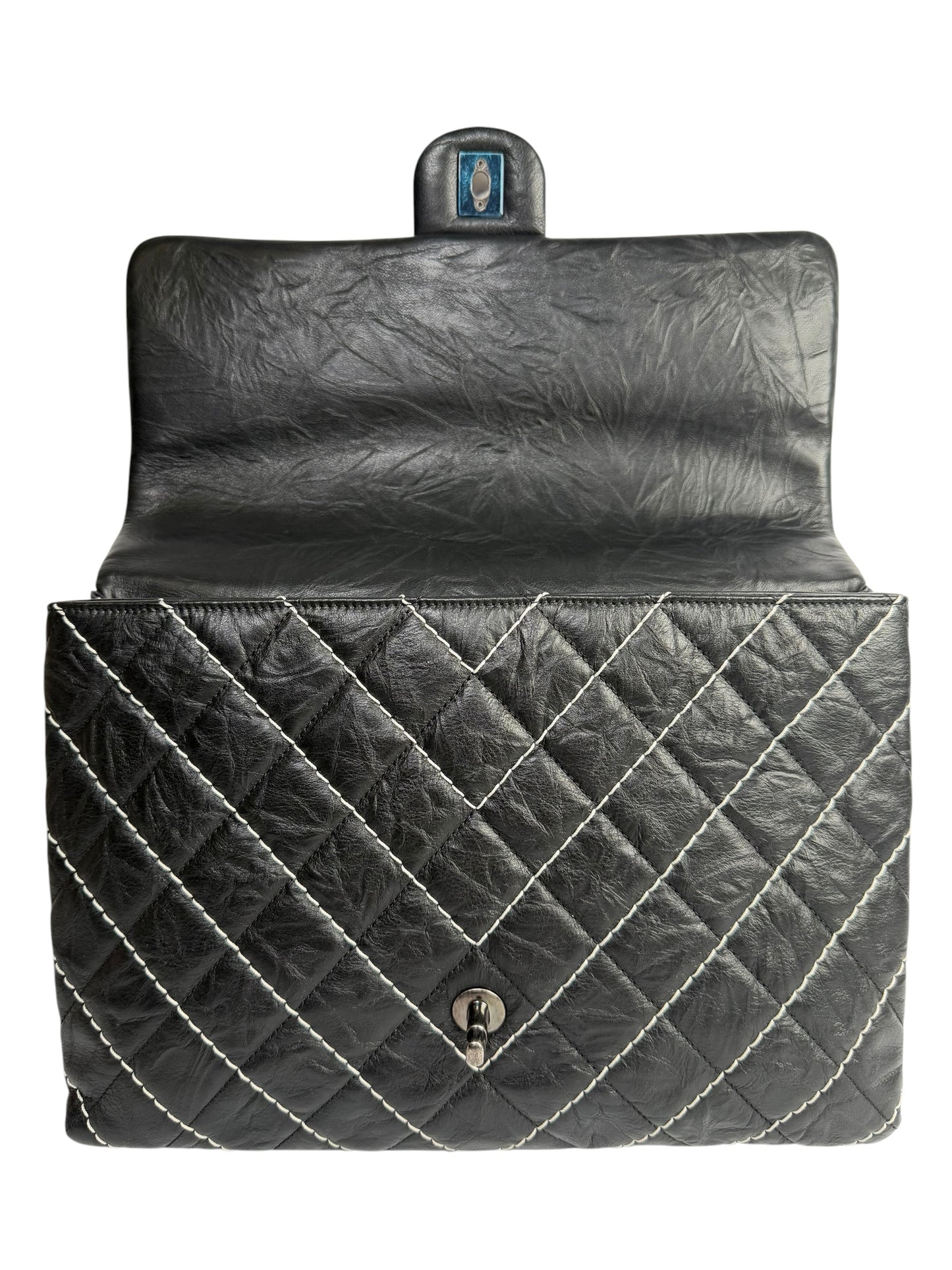Chanel Chevron Black and White Stitch Top Handle Jumbo T3743