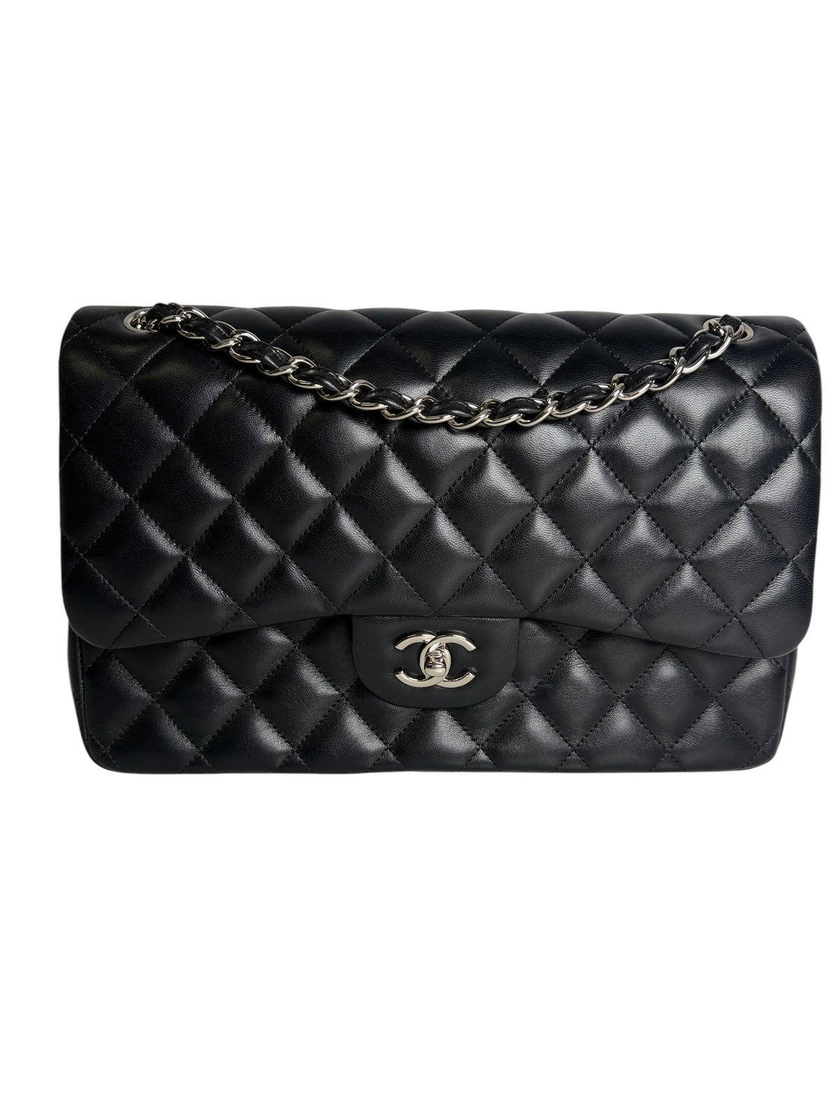 Chanel Quilted Double Flap Black Lambskin Medium SHW T1065