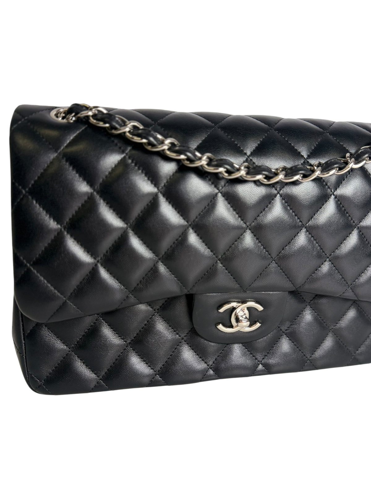 Chanel Quilted Double Flap Black Lambskin Medium SHW T1065