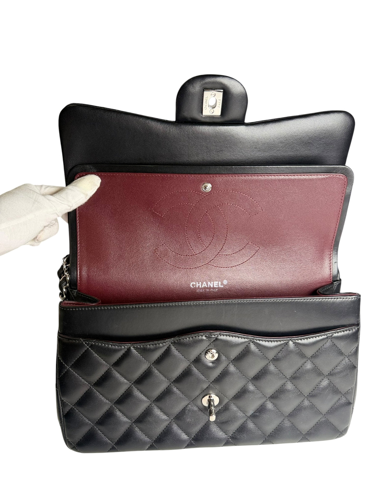 Chanel Quilted Double Flap Black Lambskin Medium SHW T1065