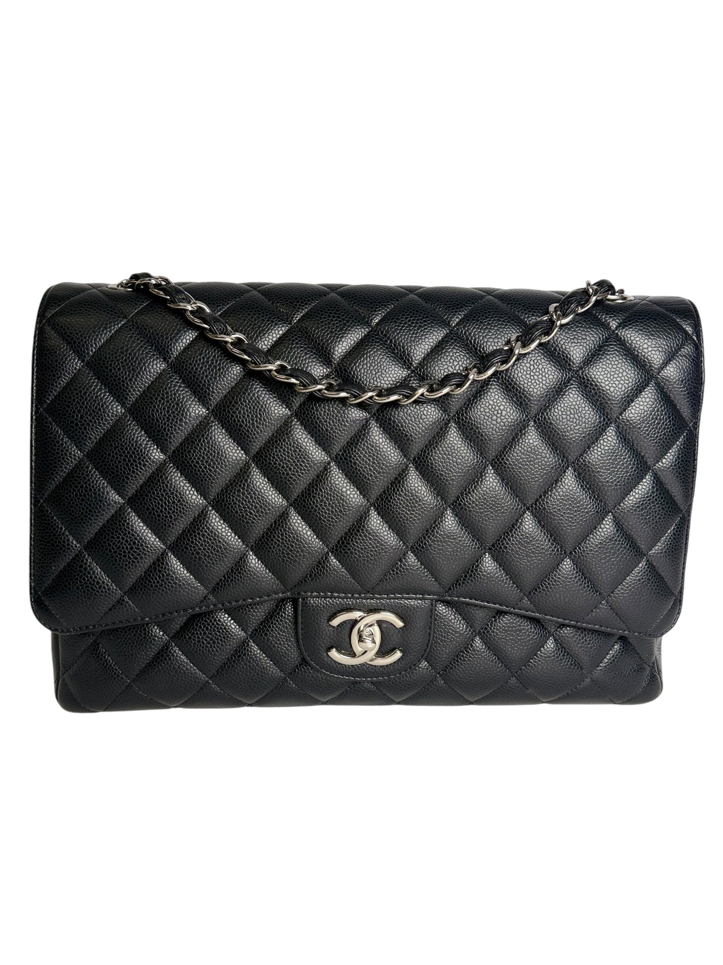 Chanel Double Flap Maxi Quilted Caviar Black Silver T1051