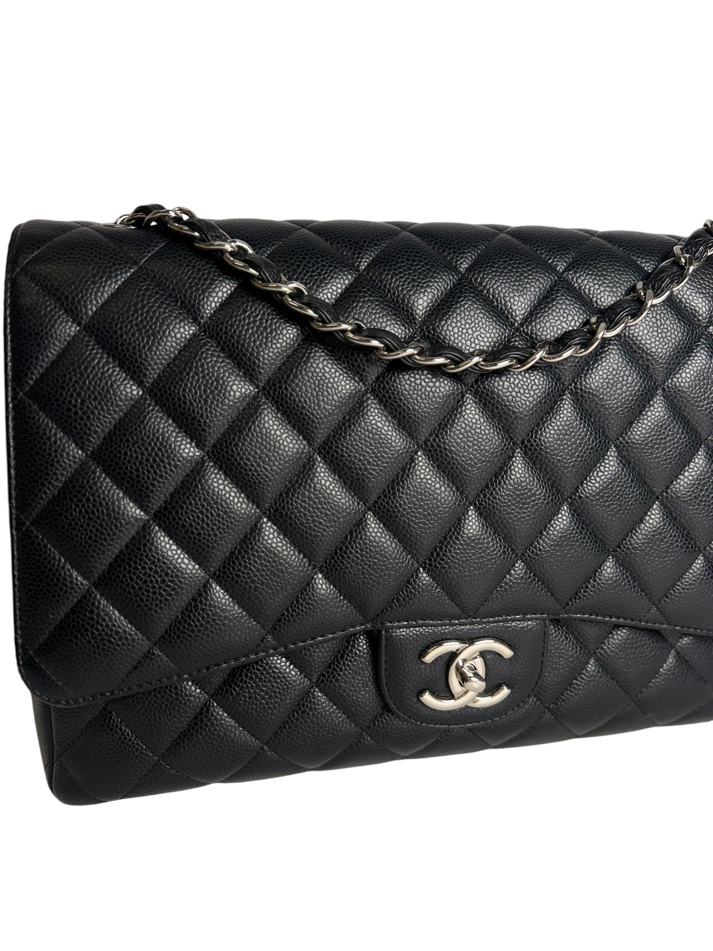 Chanel Double Flap Maxi Quilted Caviar Black Silver T1051