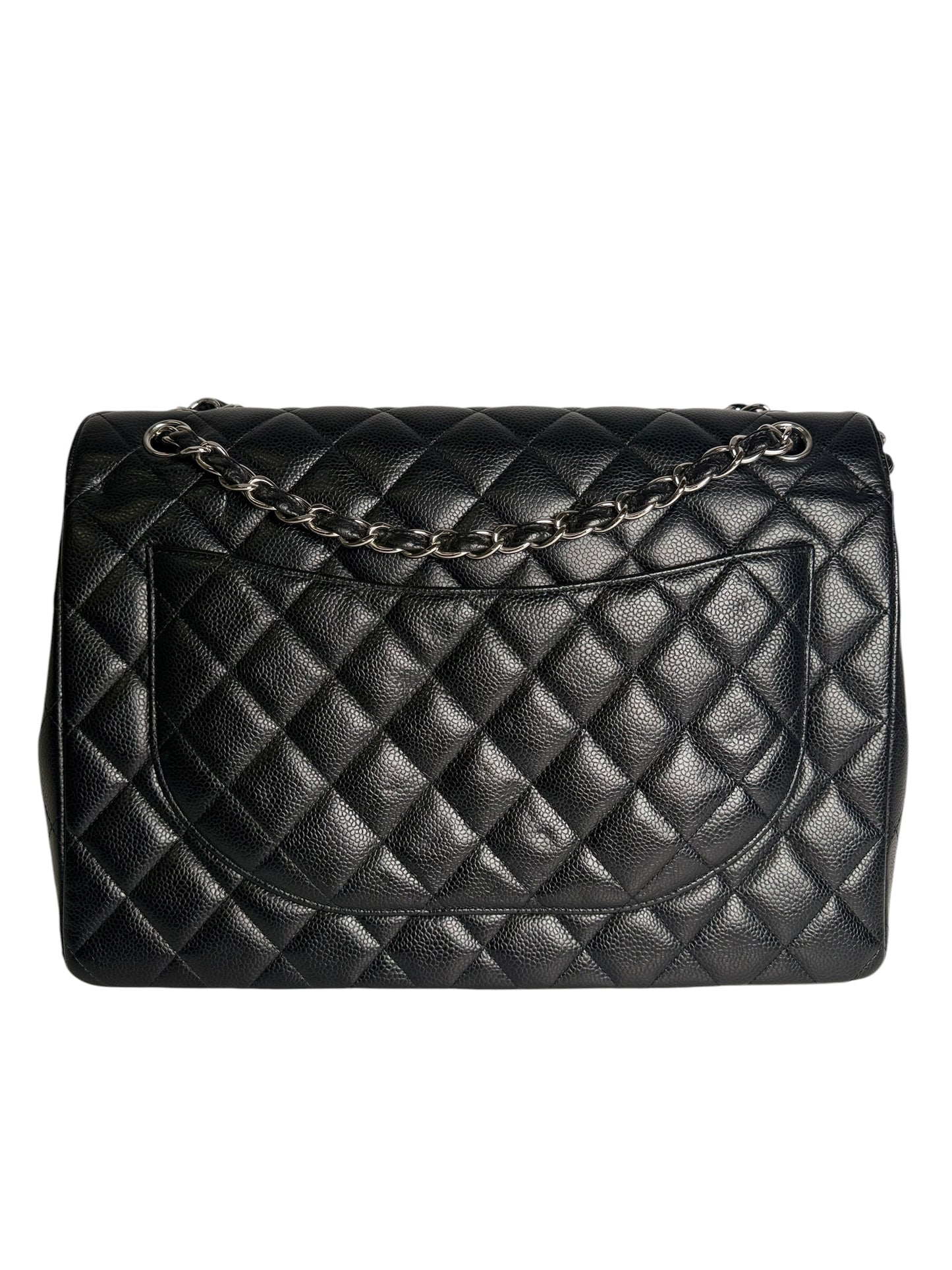 Chanel Double Flap Maxi Quilted Caviar Black Silver T1051