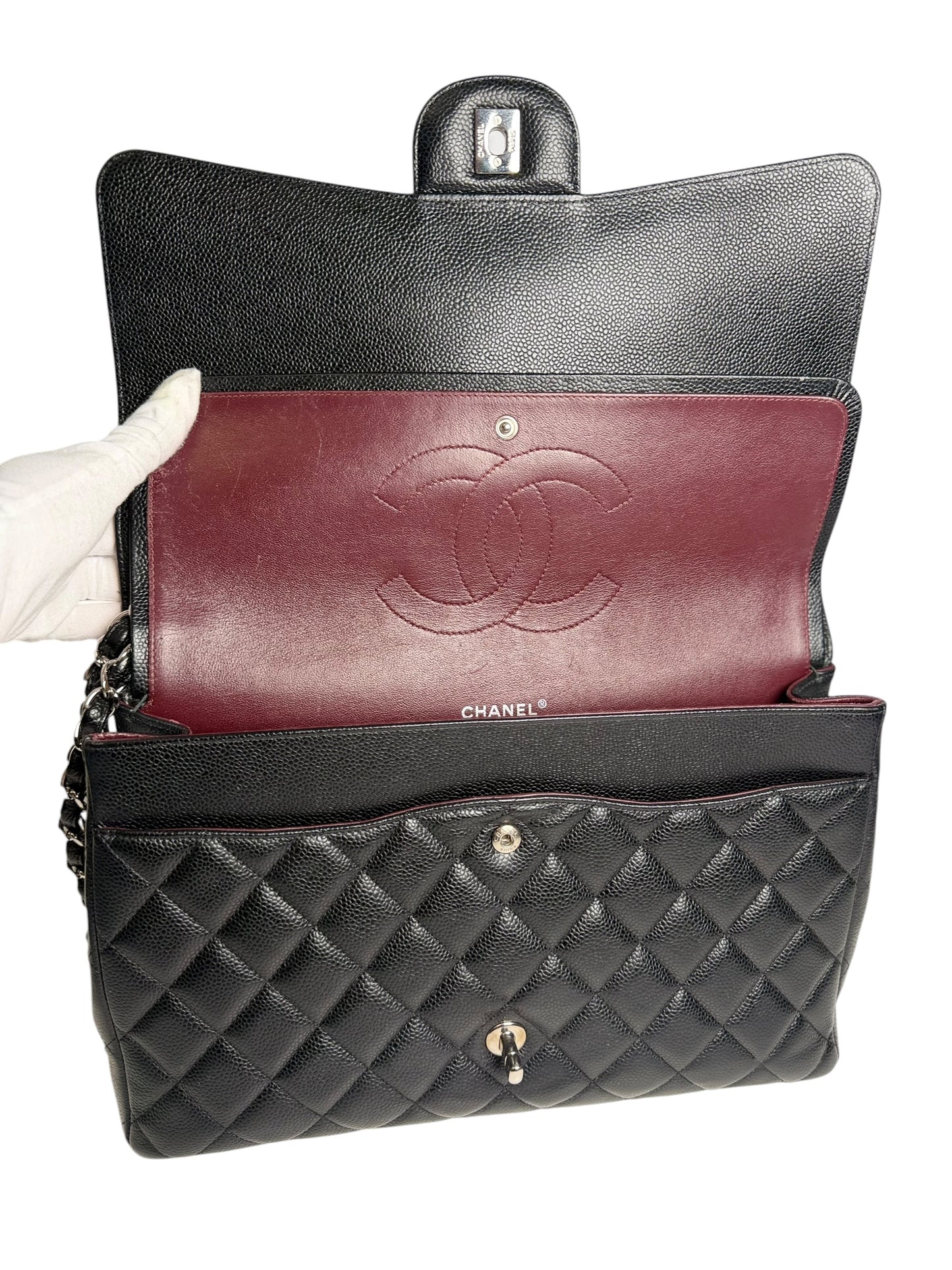 Chanel Double Flap Maxi Quilted Caviar Black Silver T1051