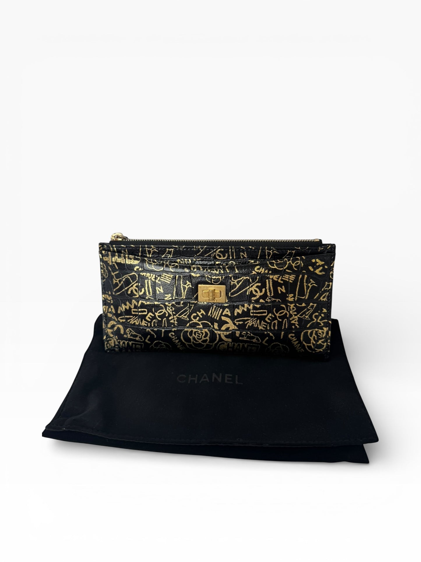 Chanel Croc Embossed Reissue Black Egyptian Zip Pouch