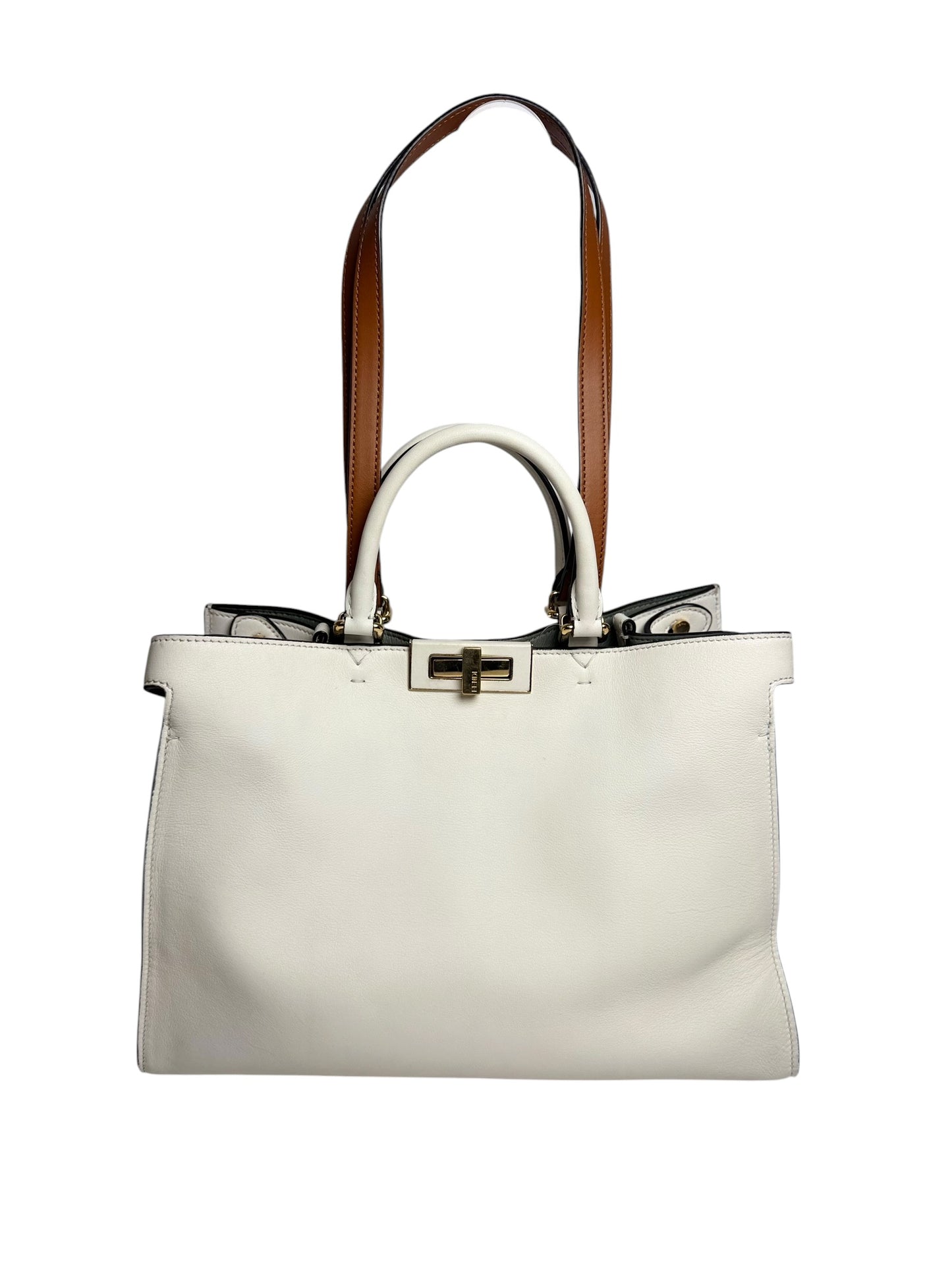 Fendi Ice White Brandy Brown Leather Small Peekaboo X-Tote Bag T7781