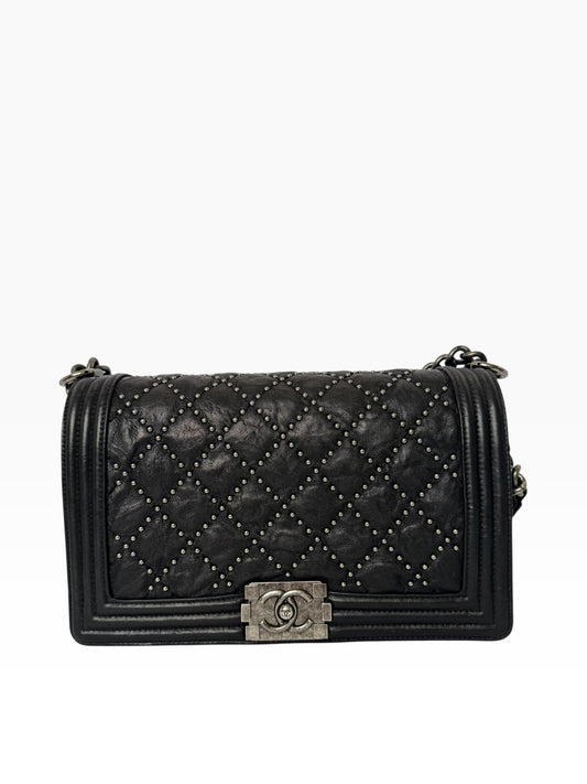Chanel Black Studded Dallas Boy Bag New Medium SHW