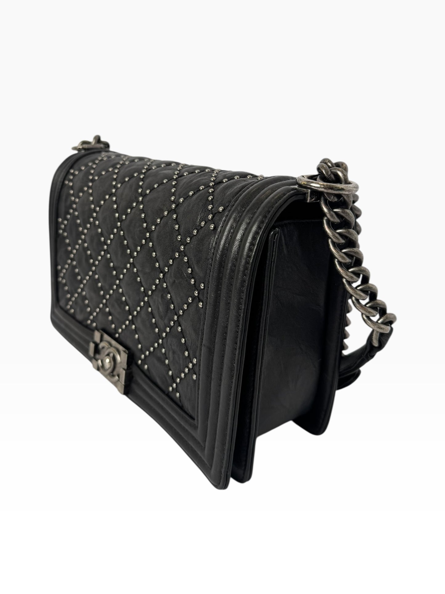 Chanel Black Studded Dallas Boy Bag New Medium SHW