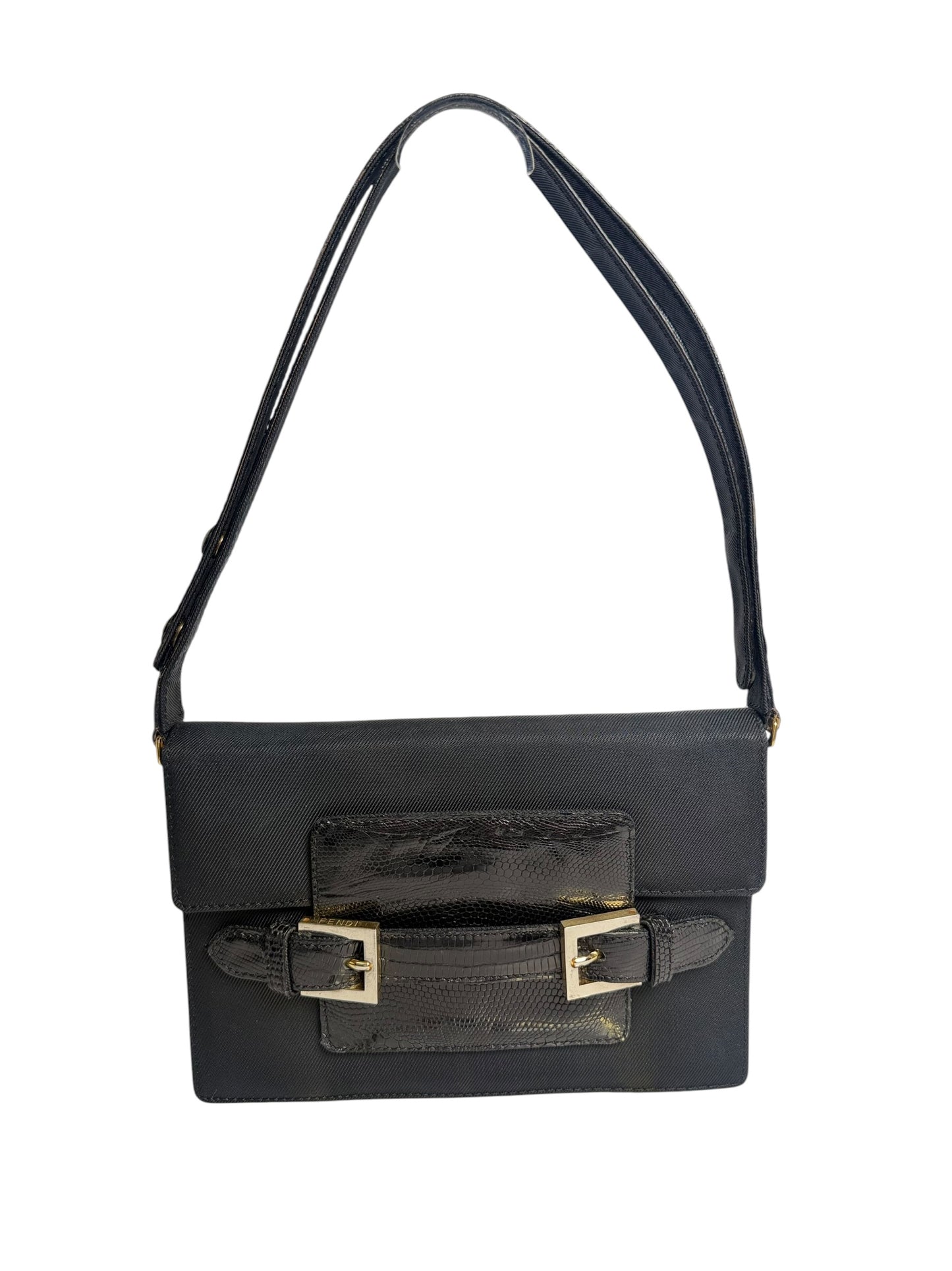Fendi Structured Black Canvas Lizard Shoulder Bag T6611