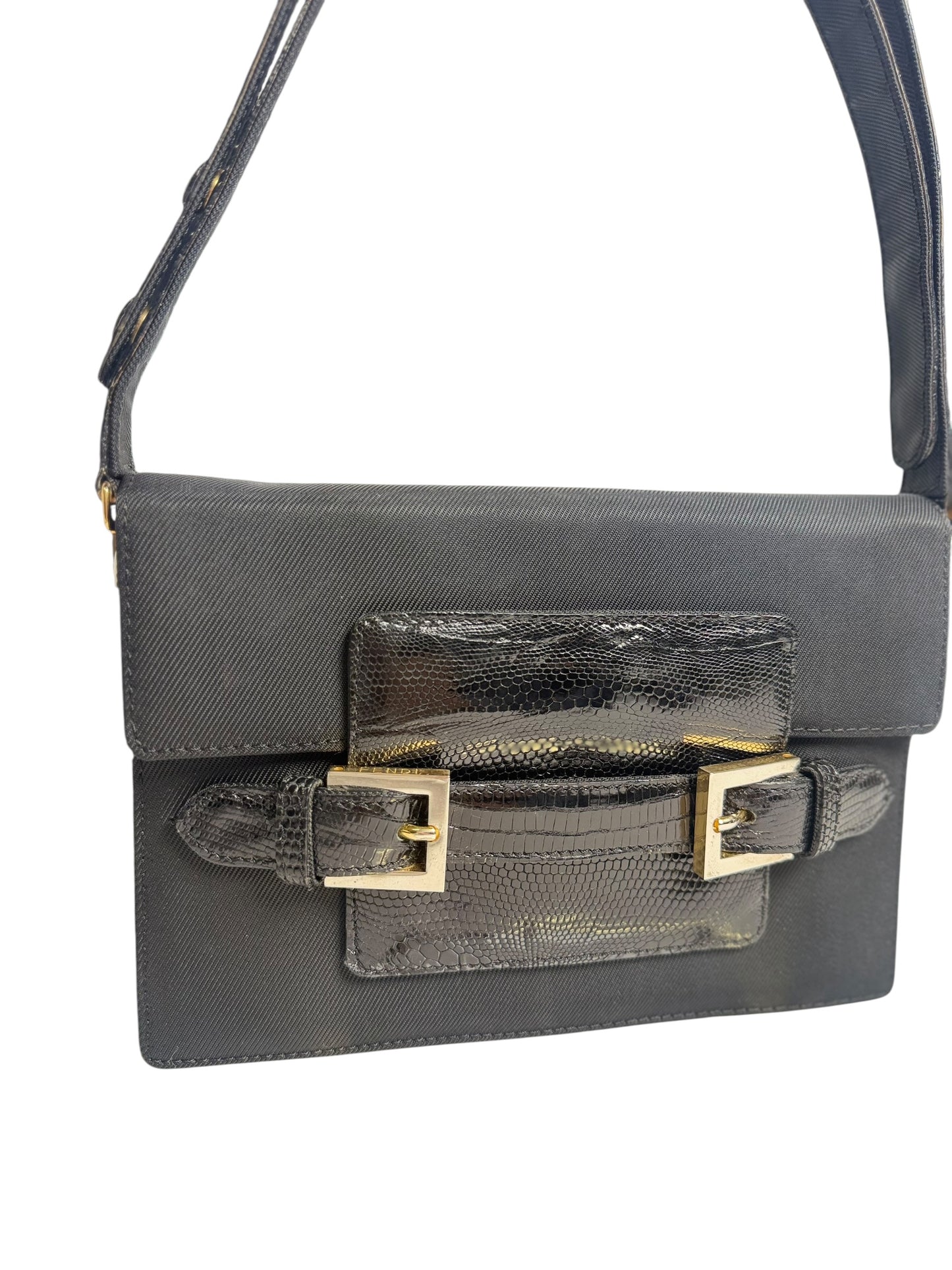 Fendi Structured Black Canvas Lizard Shoulder Bag T6611