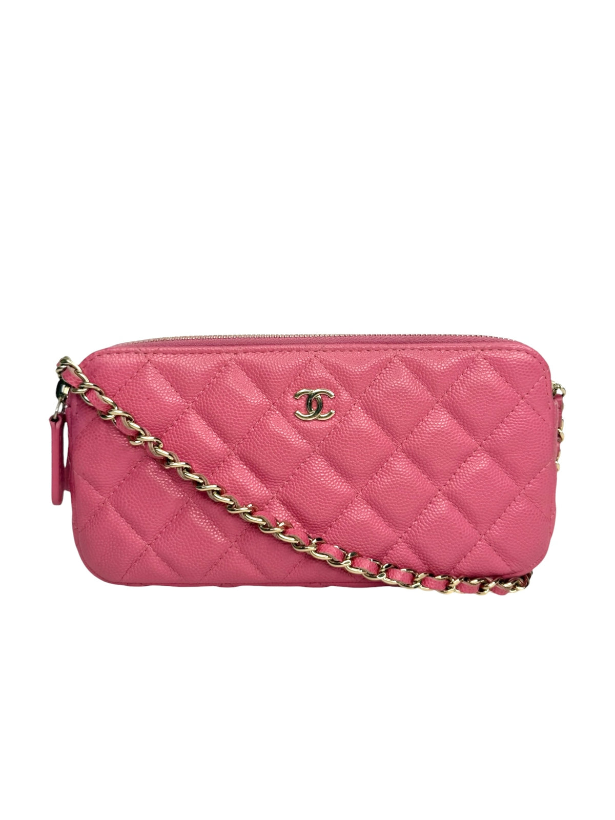 Chanel Pink Caviar Double Zip Clutch With Chain T9190